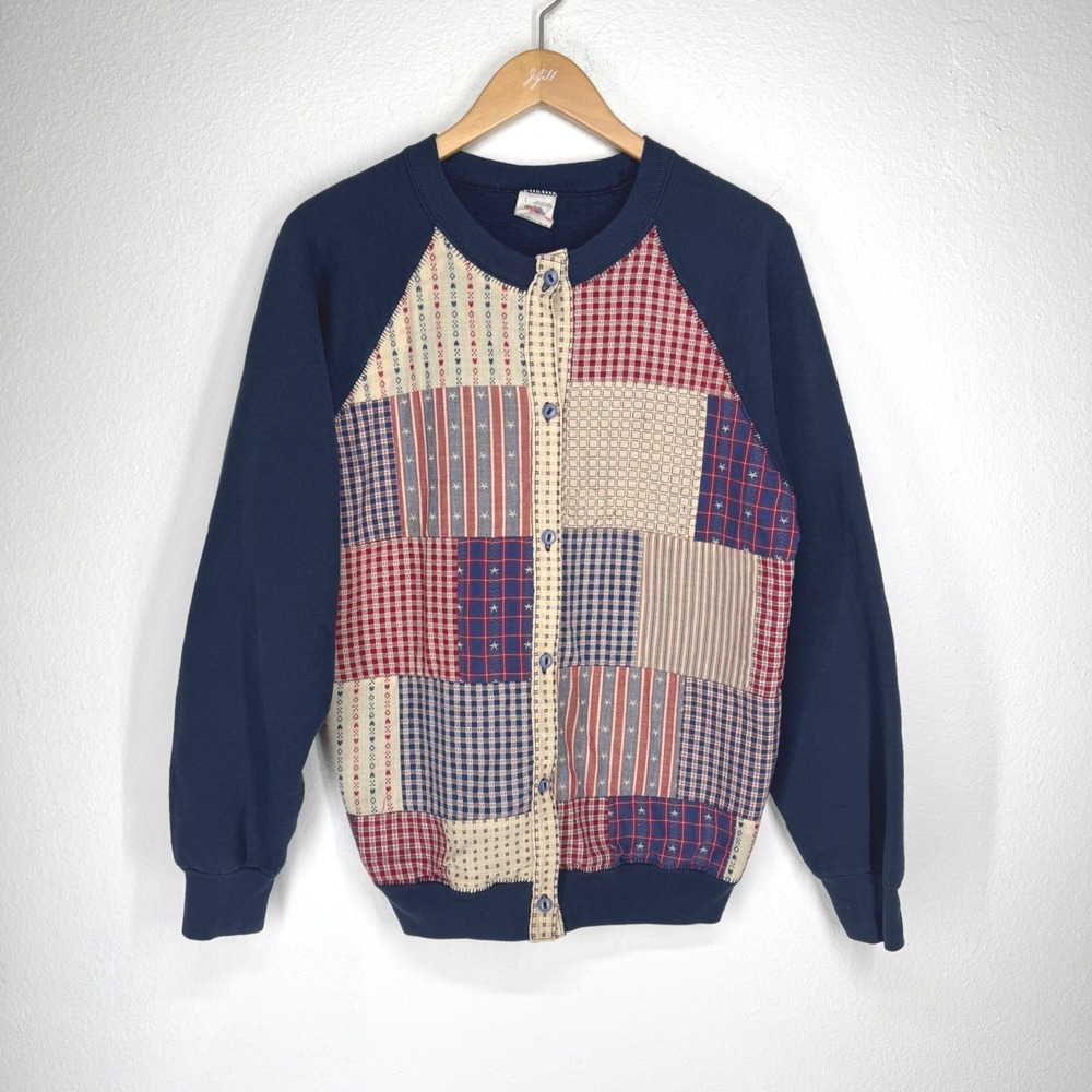 Vintage Women Patchwork Americana Quilt Cardigan Sweatshirt Navy Size L USA Folk